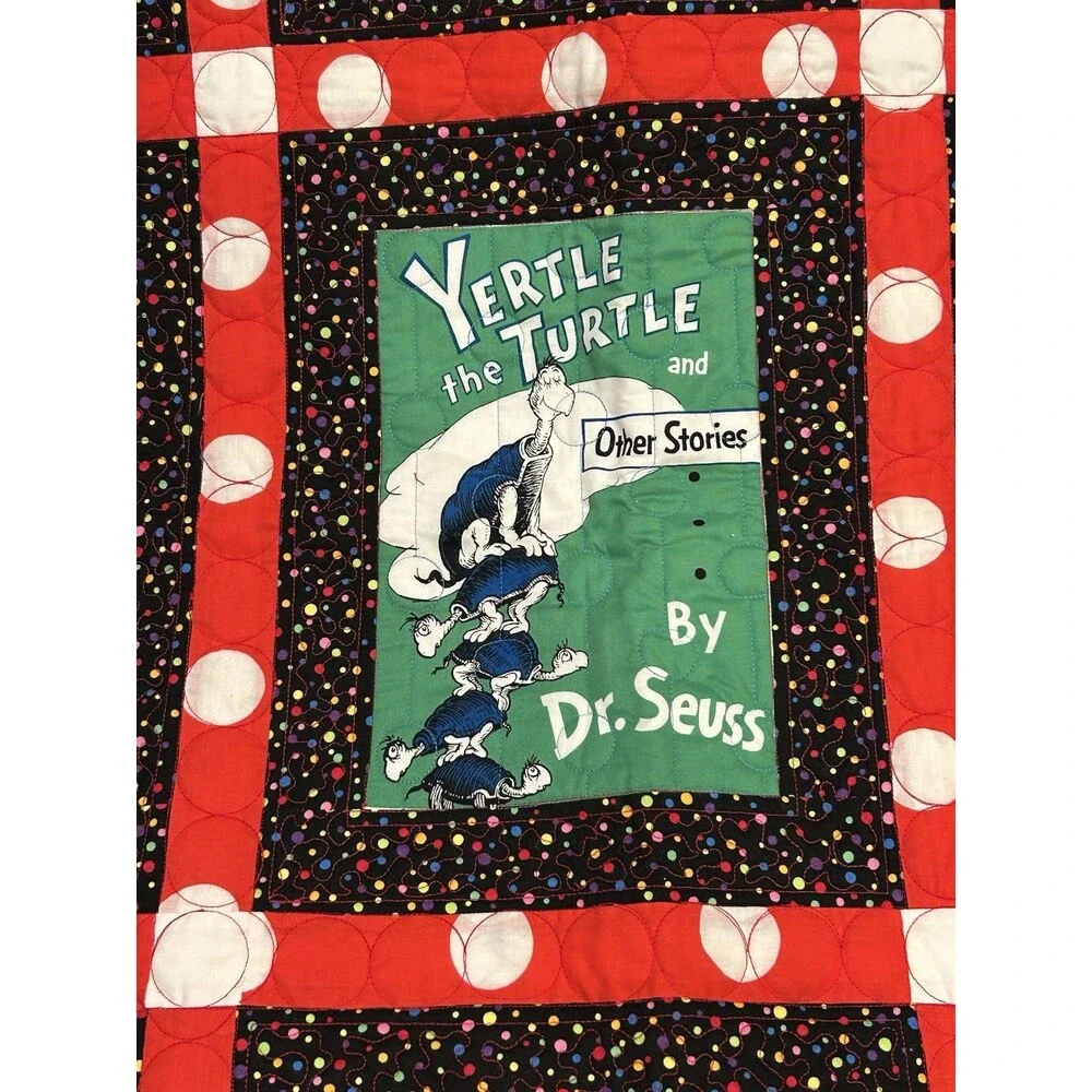 Hand Quilted Kids Quilt Dr Seuss Theme Multi Color Stitching 40” X 50”   Books